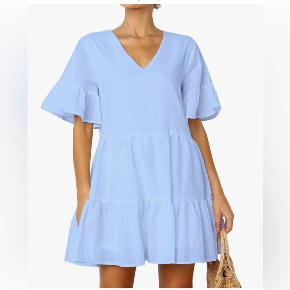 FANCYINN Light Blue V-Neck Ruffle Dress size M ruffled Babydoll